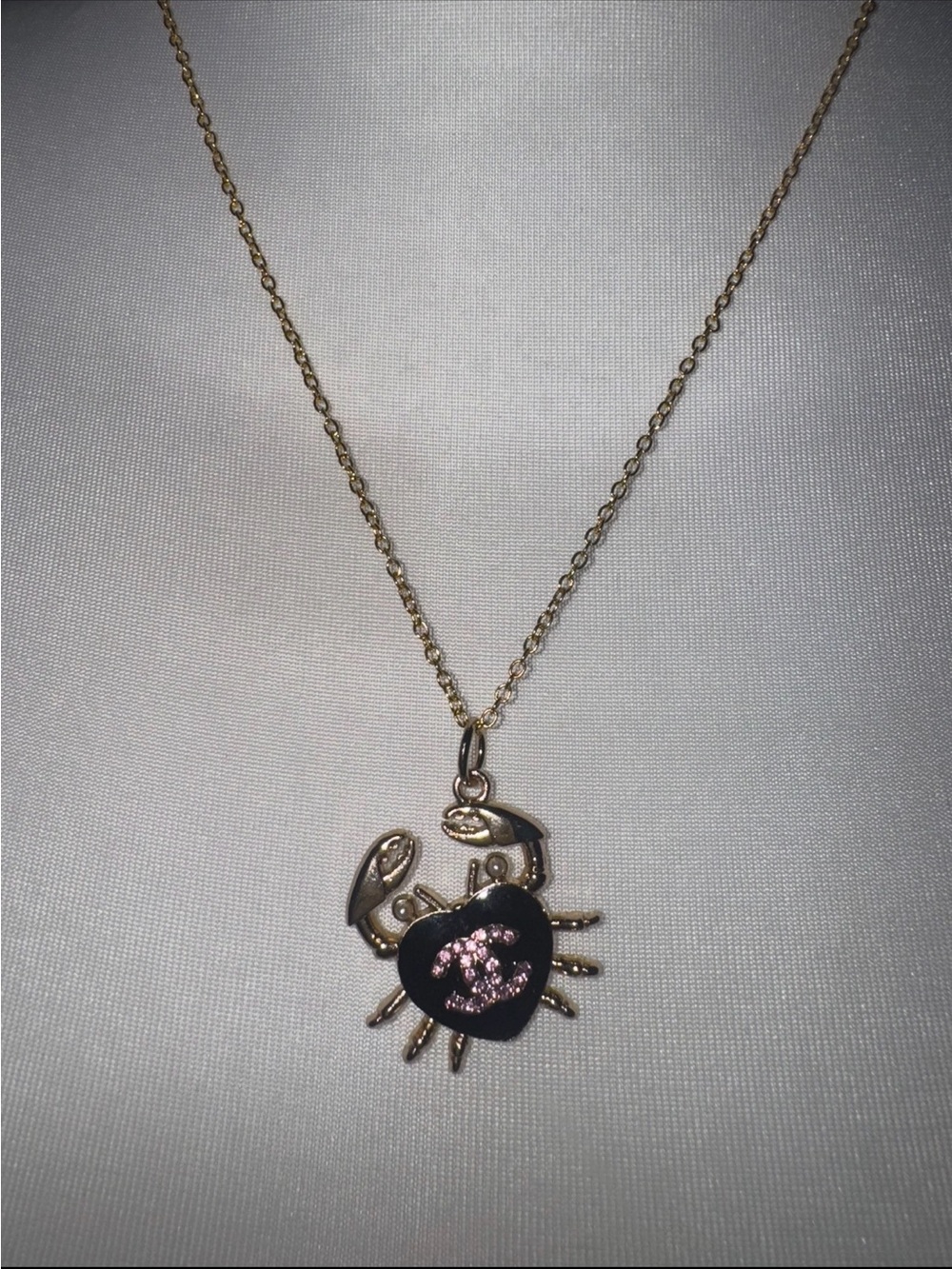 Gold-Tone CHANEL Crab Pendant Necklace with Black and Pink Accent